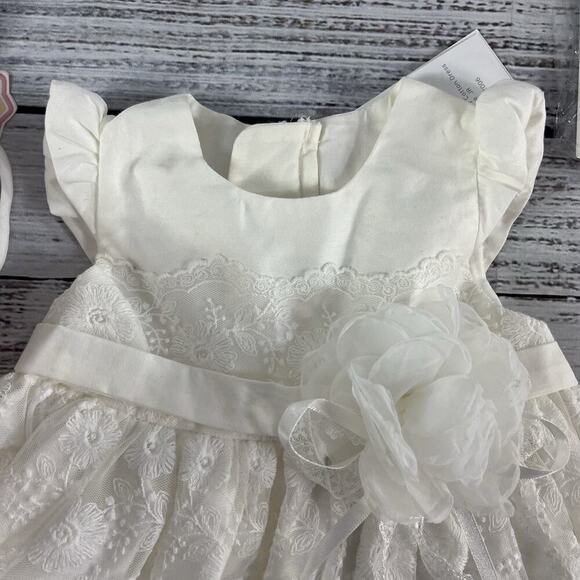 PETITE JR Baby Girl Ivory Lace Dress XS 3-6 mths Bonnet Bow Wedding Dedication 1 - Picture 2 of 13